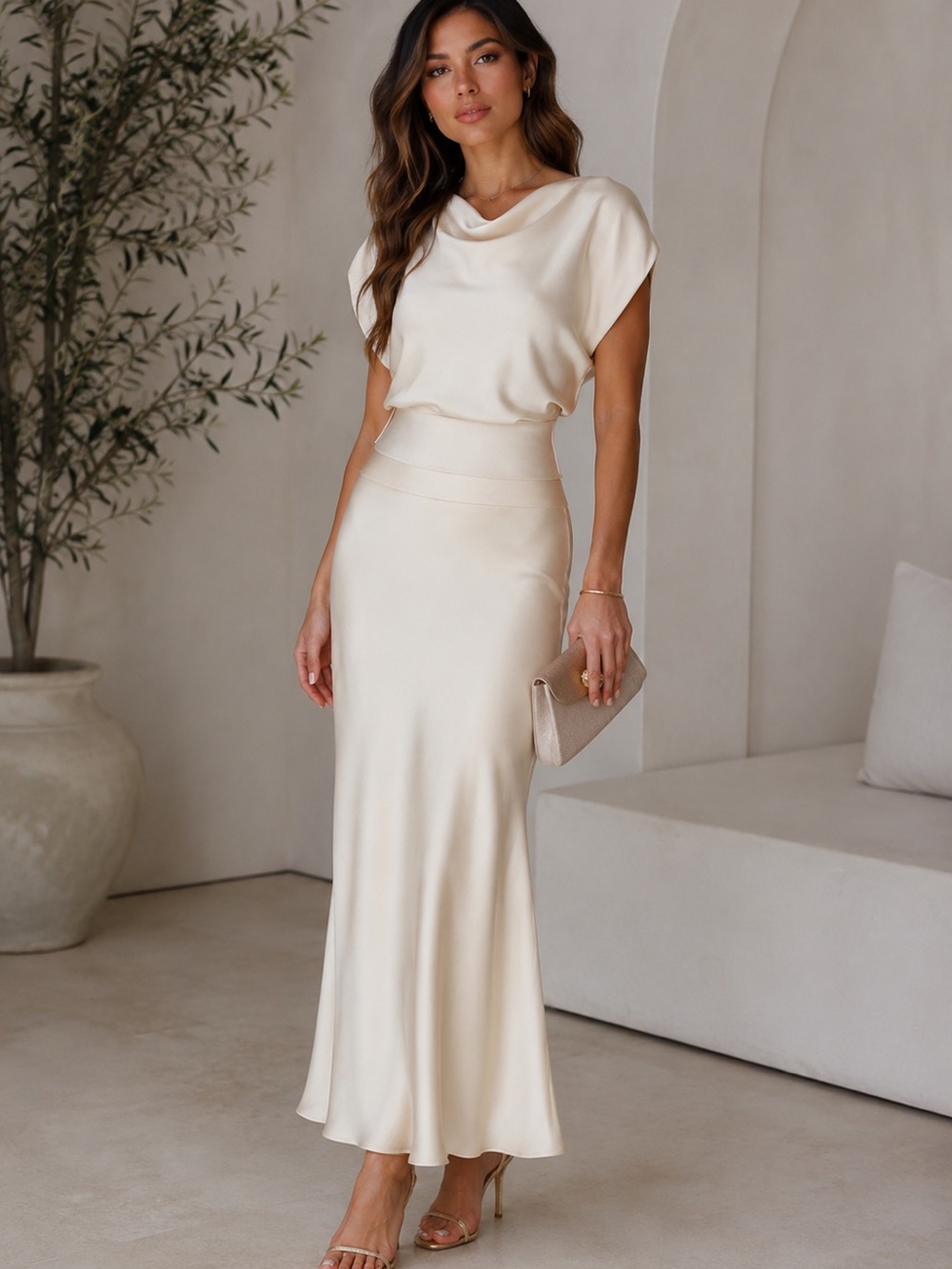 COMMENSE Satin Cowl Neck Top & Skirt Set - Picture 1 of 8